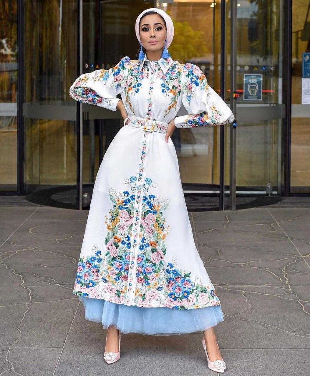 Fashion Puff Sleeves Lapel Robe Arabic Women's Digital Printed Mid Waist Long Dress