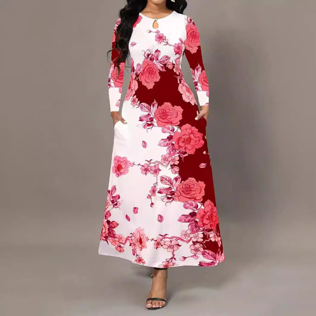 Round Neck Long Sleeve Printed Pocket Waist-controlled Large Hem Dress