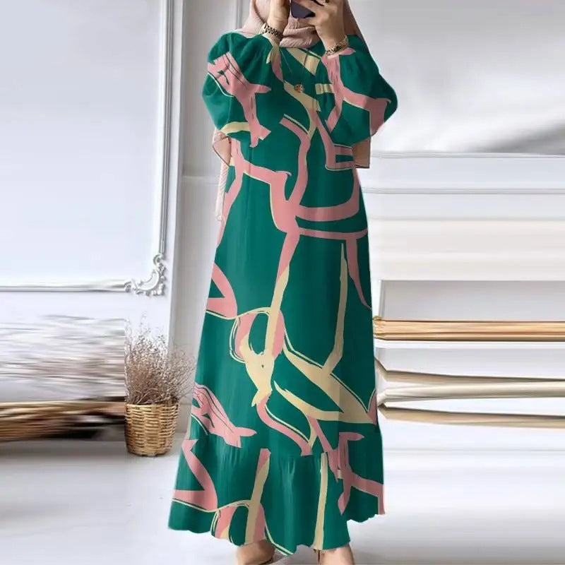 Muslim Women's Wear Robe Vintage Maxi Dress Pure Color Ruffles Hem Dress