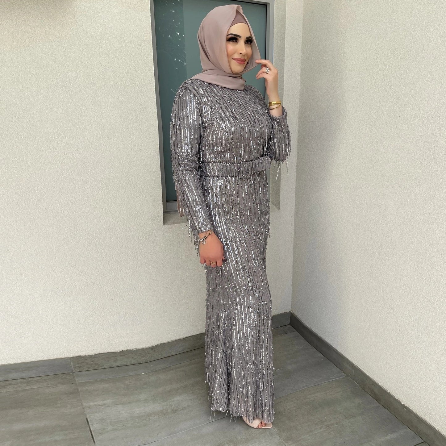 Sequin Tassels Slim-fit Dress Muslim Dress