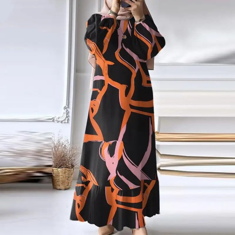 Muslim Women's Wear Robe Vintage Maxi Dress Pure Color Ruffles Hem Dress