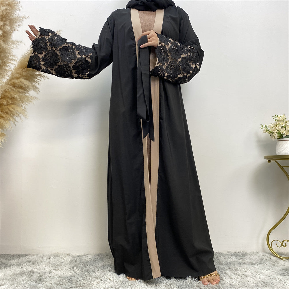 Lace Cuffs Patchwork Long Sleeve Loose Plus Size Lace Up Cardigan Robe