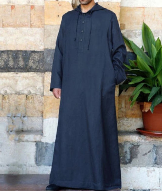 Arab Style Simple Long Men's Hooded thobe Muslim Robe